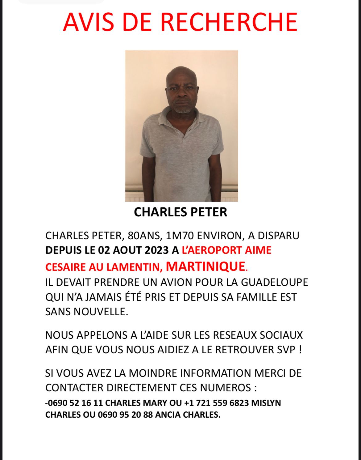 Peter Charles 80 ans est porté disparu depuis le début du mois